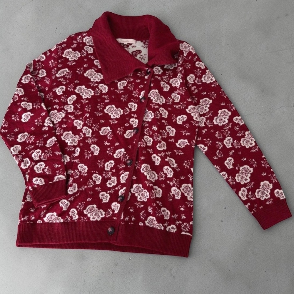Camela Merino Wool Blend Floral Red Cardigan Sweater Asymmetrical Size‎ 42 / XL